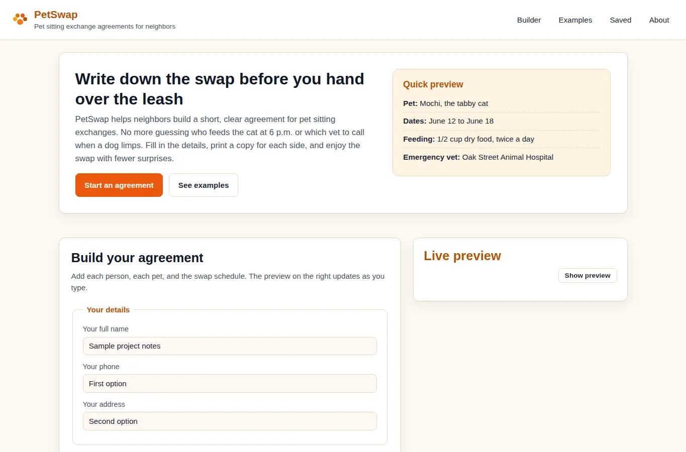 Screenshot of PetSwap: Pet Sitting Exchange Agreement Builder interface showing the project page in use